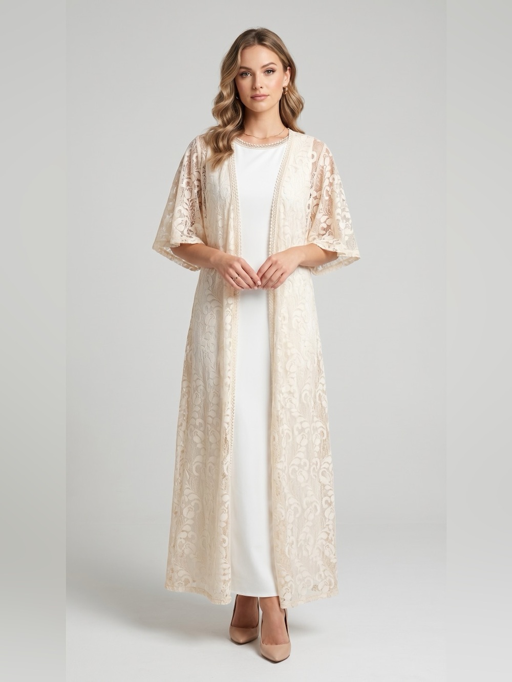 Ivory Lace Kimono Duster with inner sleeveless dress
